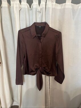 Express Chocolate Brown Satin Tie-Front Button Down Shirt